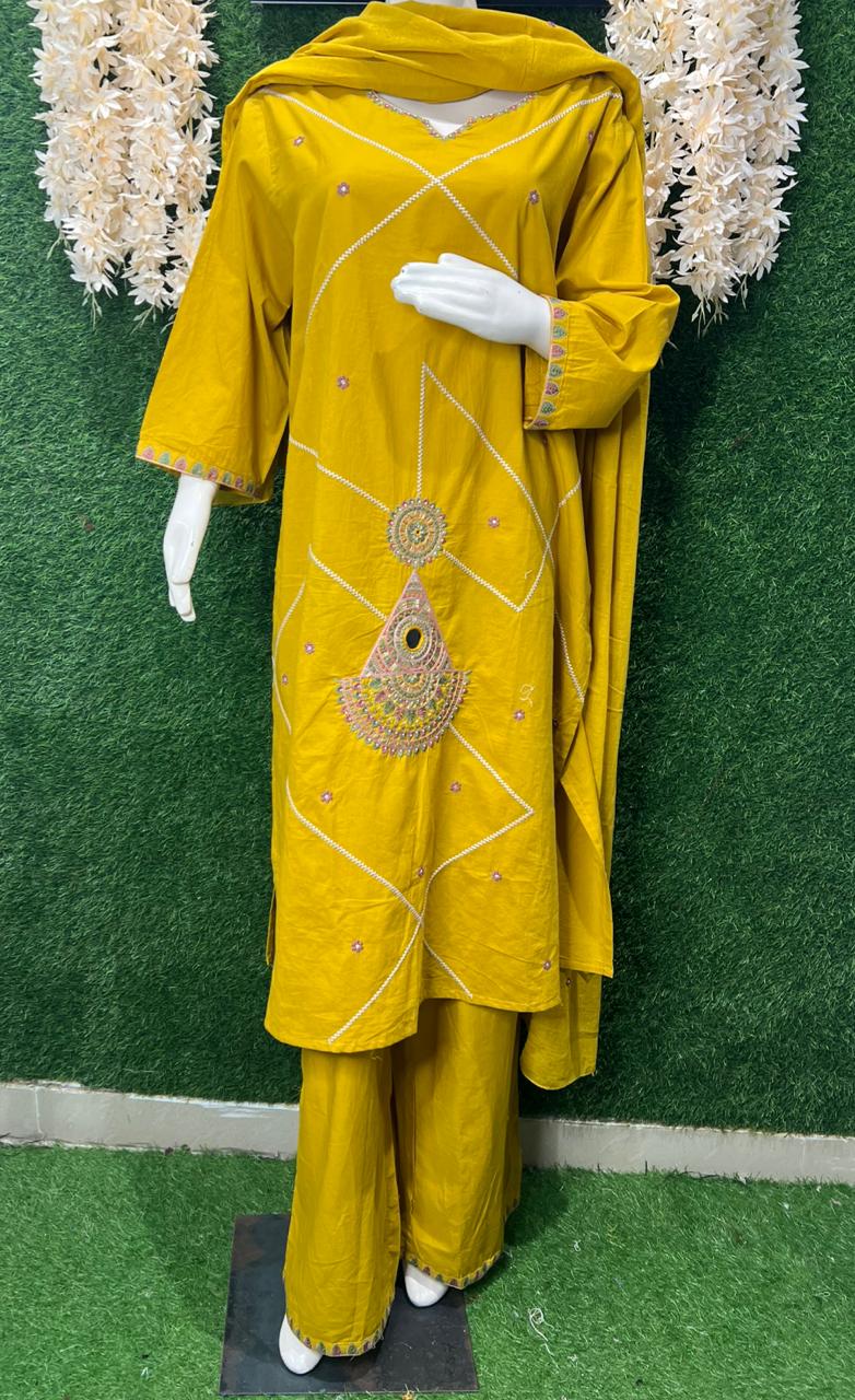 Gajji Silk A-Line Kurti & Pant Set with Applique Patch Embroidery