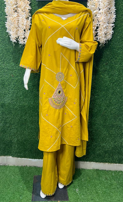 Gajji Silk A-Line Kurti & Pant Set with Applique Patch Embroidery