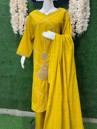 Gajji Silk A-Line Kurti & Pant Set with Applique Patch Embroidery