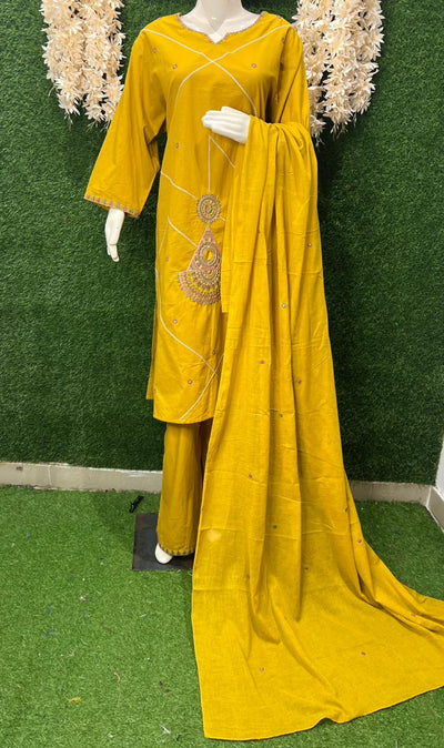 Gajji Silk A-Line Kurti & Pant Set with Applique Patch Embroidery