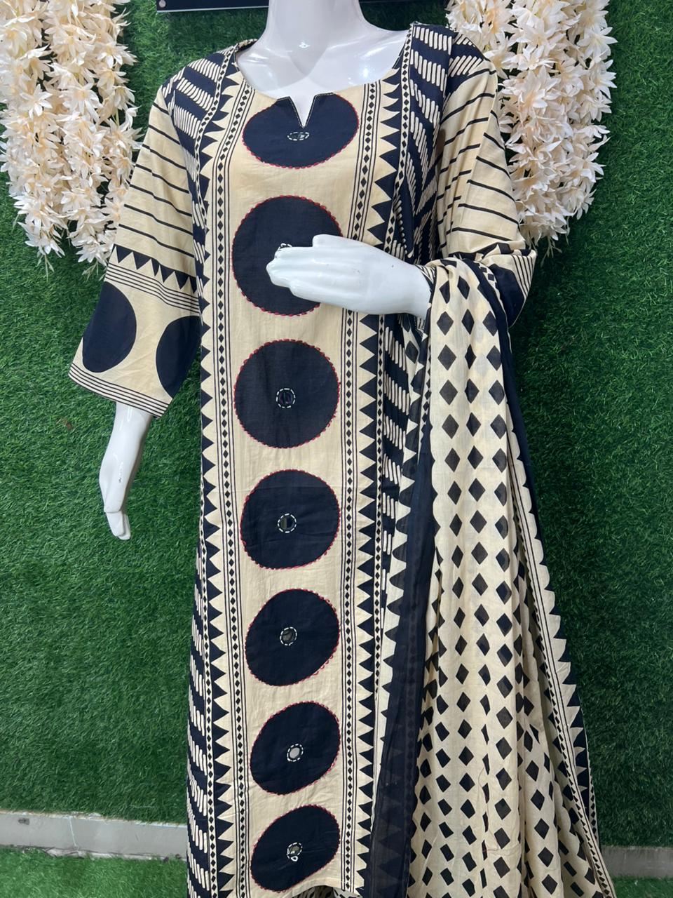 Hand Block Ajrakh Cotton Kurti Pant 3 Piece Suit With Real Mirror Work