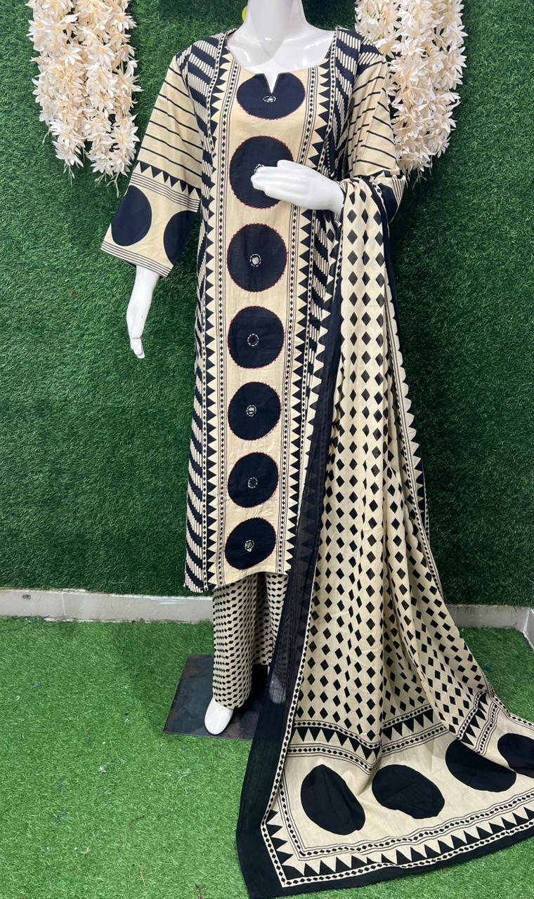 Hand Block Ajrakh Cotton Kurti Pant 3 Piece Suit With Real Mirror Work
