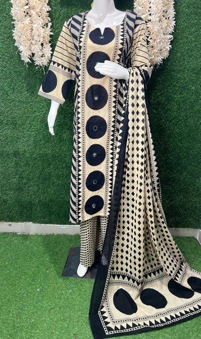 Hand Block Ajrakh Cotton Kurti Pant 3 Piece Suit With Real Mirror Work