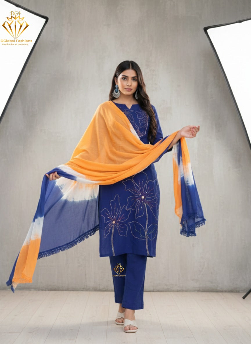 Women’s Blue Manual Embroidery Straight Kurta with Pant & Dupatta