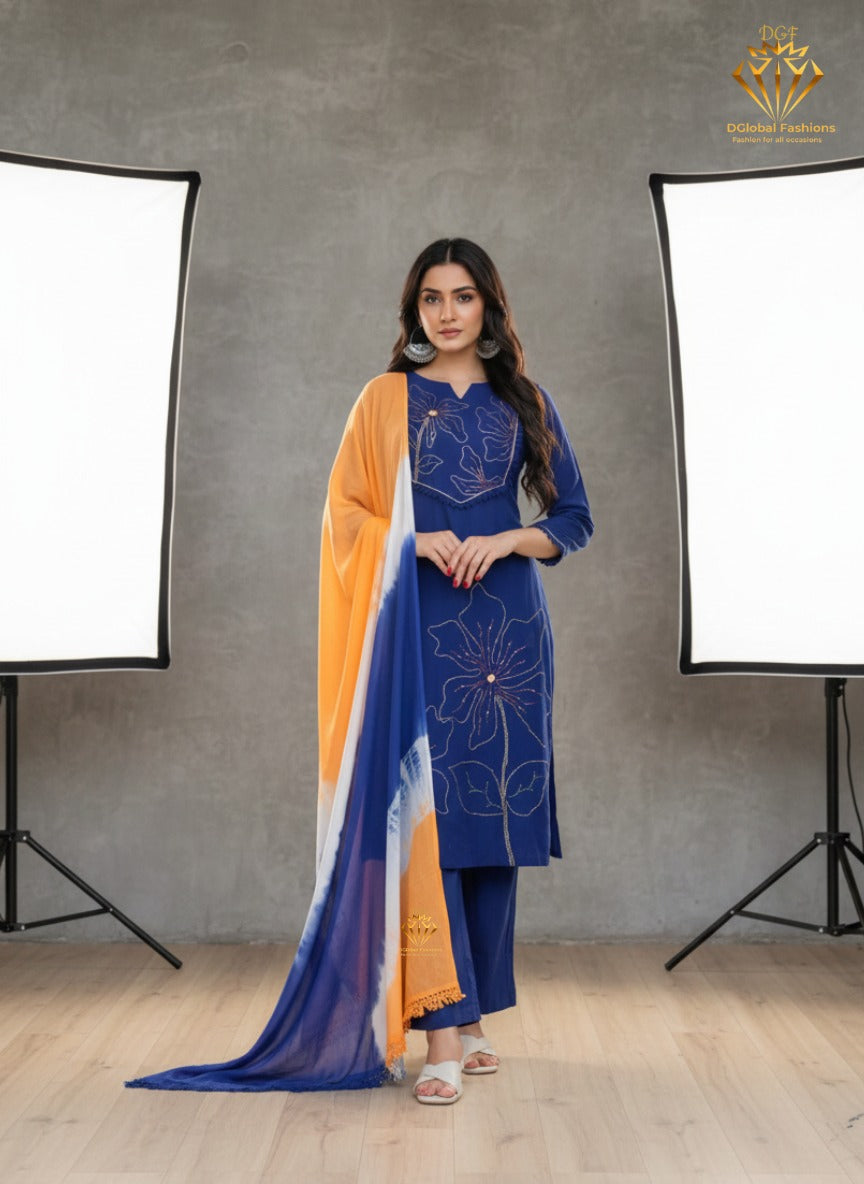 Women’s Blue Manual Embroidery Straight Kurta with Pant & Dupatta