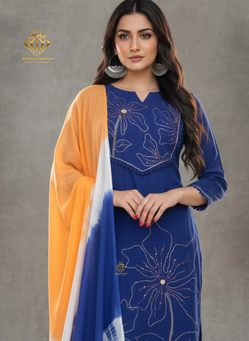 Women’s Blue Manual Embroidery Straight Kurta with Pant & Dupatta