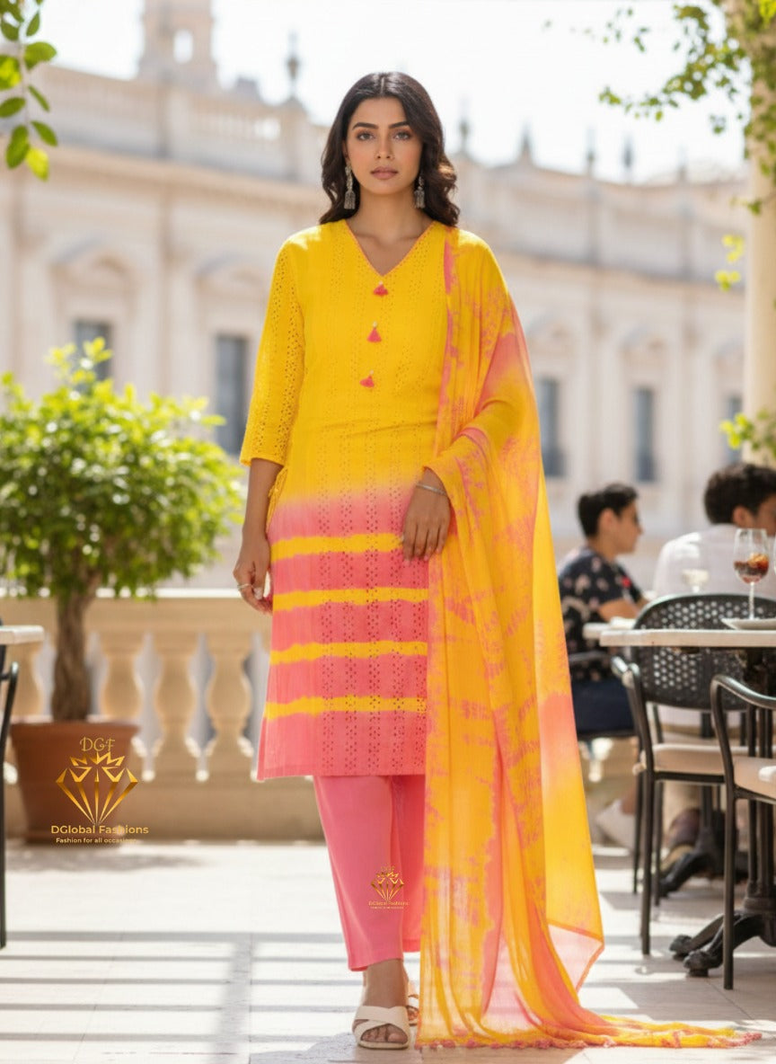 Women’s Tie & Dye Cotton Straight Kurta with Pant & Dupatta