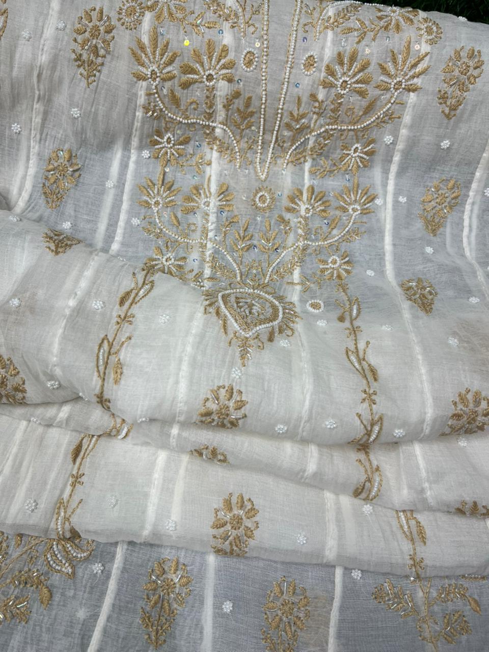Unstitched Lucknowi Chikankari Mul Chanderi Anarkali with Sequin Handwork