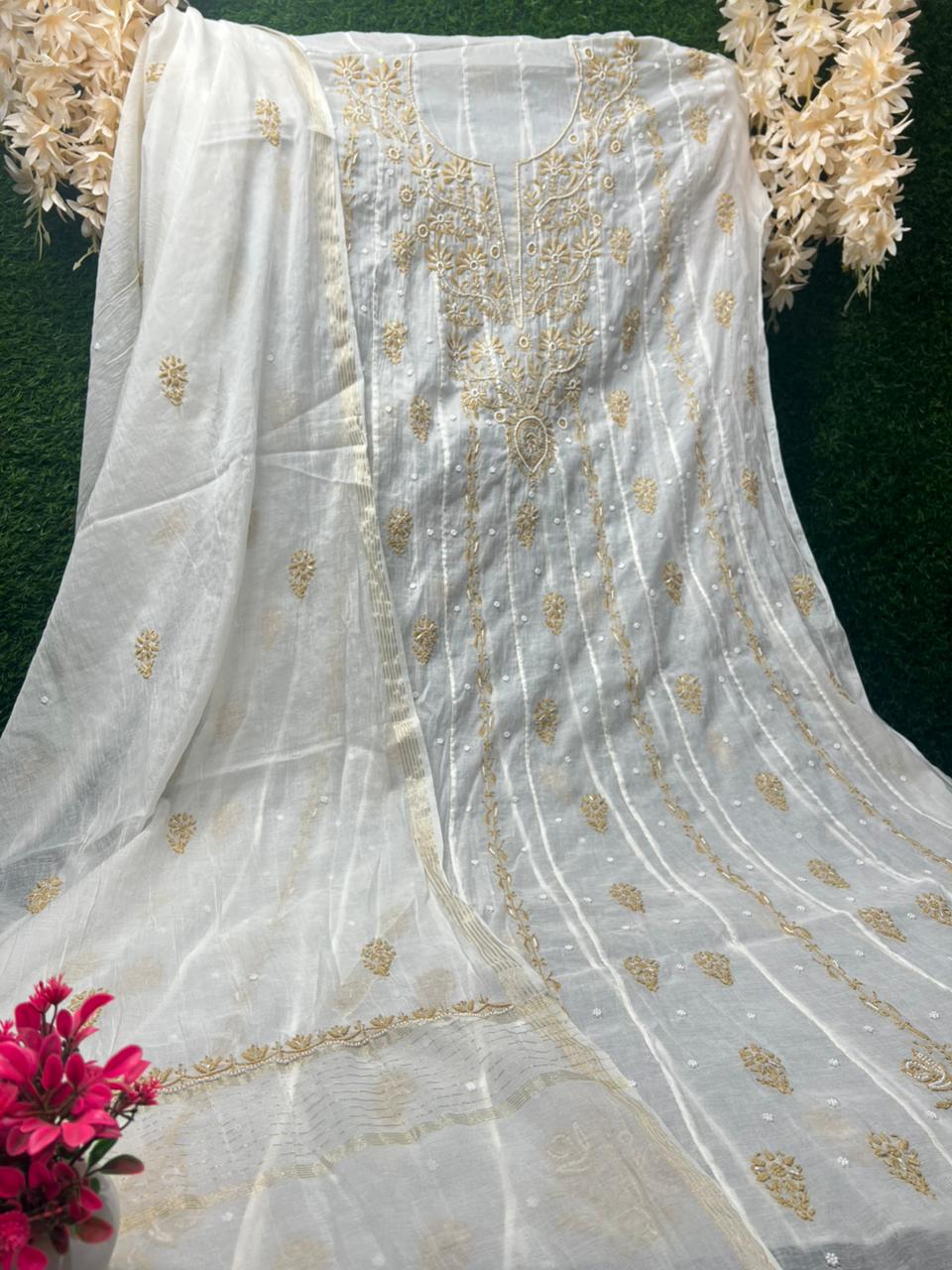 Unstitched Lucknowi Chikankari Mul Chanderi Anarkali with Sequin Handwork