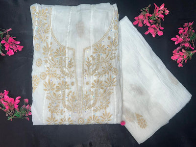 Unstitched Lucknowi Chikankari Mul Chanderi Anarkali with Sequin Handwork