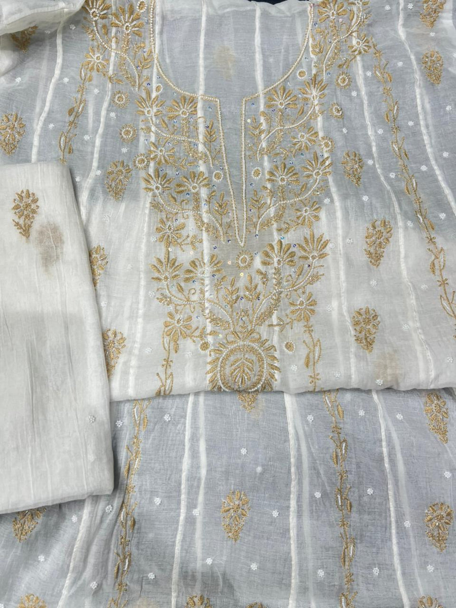 Unstitched Lucknowi Chikankari Mul Chanderi Anarkali with Sequin Handwork