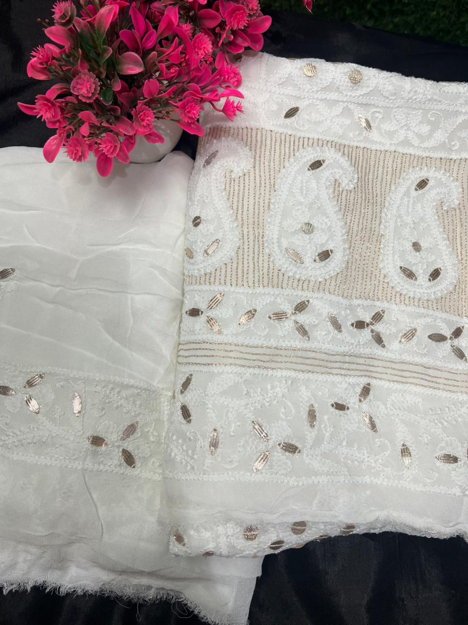 Viscose Georgette Lucknowi Chikankari Unstitched Suit Set with Kasab Gota Patti Work