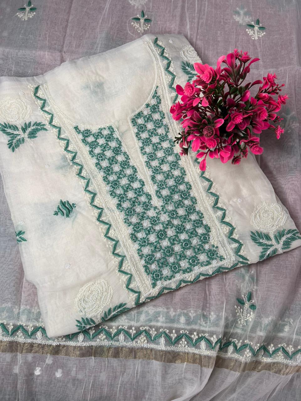 Lucknowi Chikankari Kurta & Dupatta Set in Mulmul Chanderi with Pearl & Cutdana Embroidery