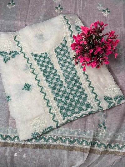Lucknowi Chikankari Kurta & Dupatta Set in Mulmul Chanderi with Pearl & Cutdana Embroidery