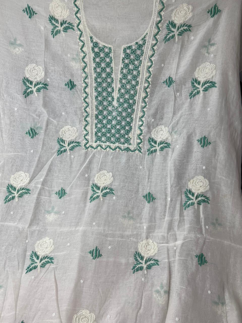 Lucknowi Chikankari Kurta & Dupatta Set in Mulmul Chanderi with Pearl & Cutdana Embroidery