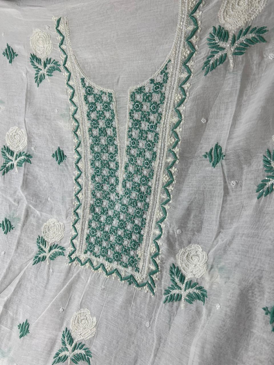 Lucknowi Chikankari Kurta & Dupatta Set in Mulmul Chanderi with Pearl & Cutdana Embroidery