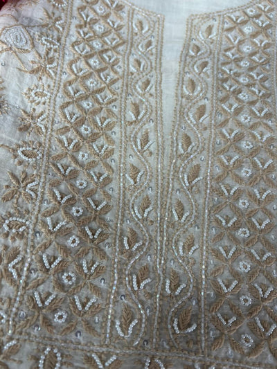 Mul Chanderi 2 Taar Lucknowi Chikankari full jaal Kurta with Dupatta Set