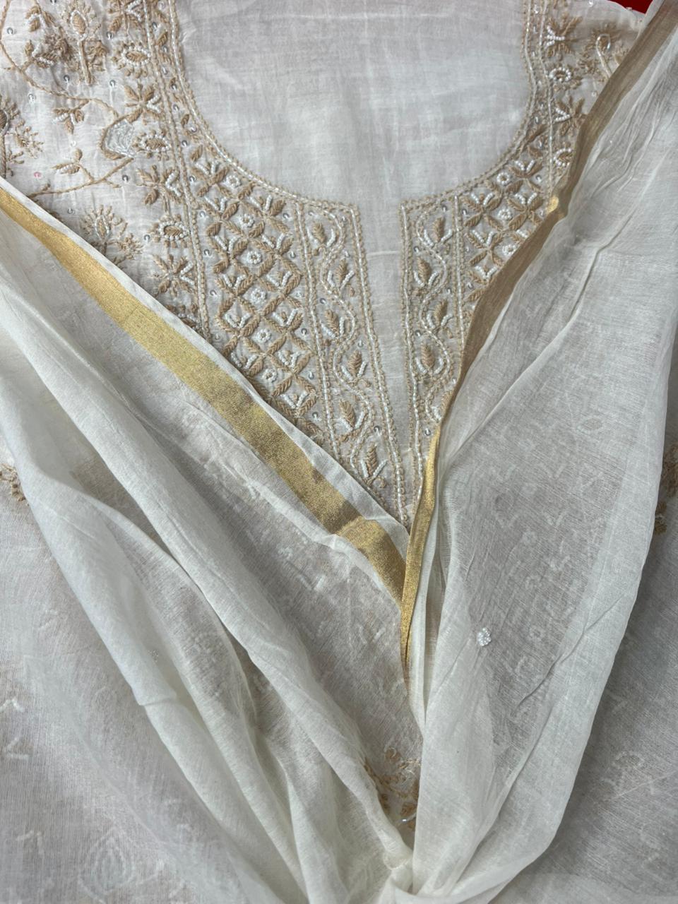 Mul Chanderi 2 Taar Lucknowi Chikankari full jaal Kurta with Dupatta Set