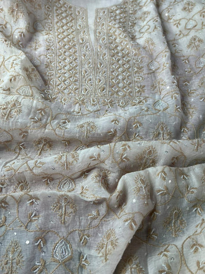 Mul Chanderi 2 Taar Lucknowi Chikankari full jaal Kurta with Dupatta Set