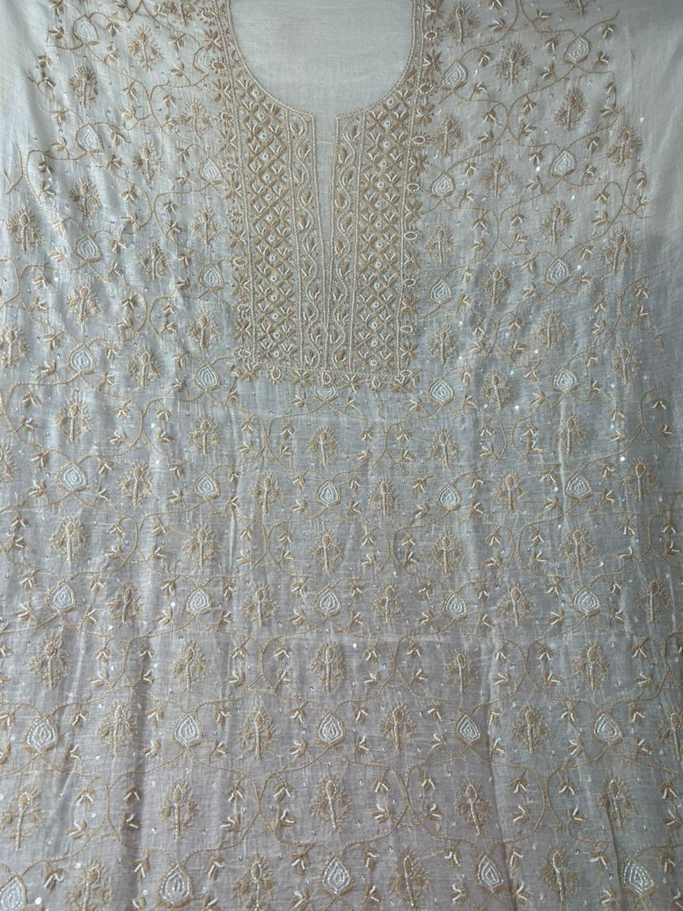 Mul Chanderi 2 Taar Lucknowi Chikankari full jaal Kurta with Dupatta Set