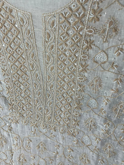 Mul Chanderi 2 Taar Lucknowi Chikankari full jaal Kurta with Dupatta Set