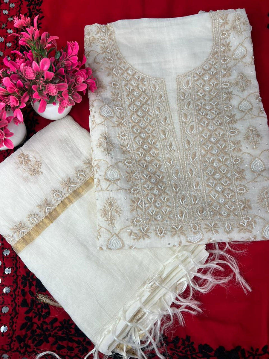 Mul Chanderi 2 Taar Lucknowi Chikankari full jaal Kurta with Dupatta Set