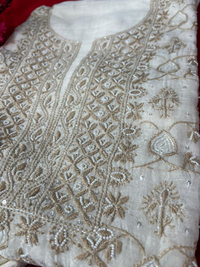 Mul Chanderi 2 Taar Lucknowi Chikankari full jaal Kurta with Dupatta Set