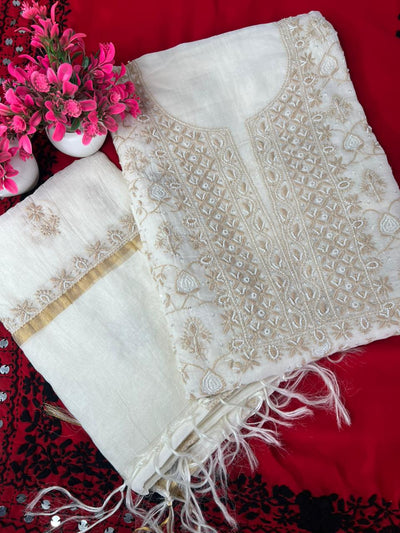 Mul Chanderi 2 Taar Lucknowi Chikankari full jaal Kurta with Dupatta Set