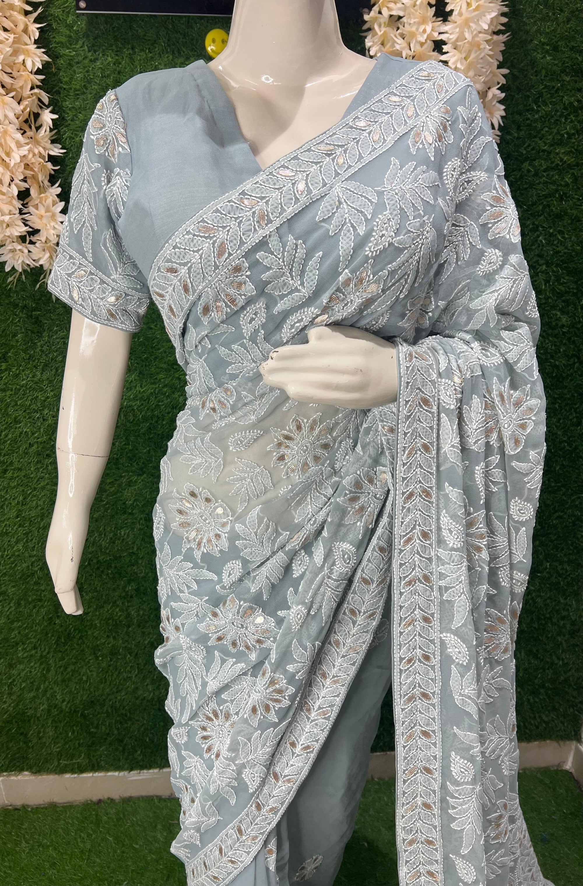 Lucknowi Chikankari Half Jaal Saree with Gota Patti Handwork