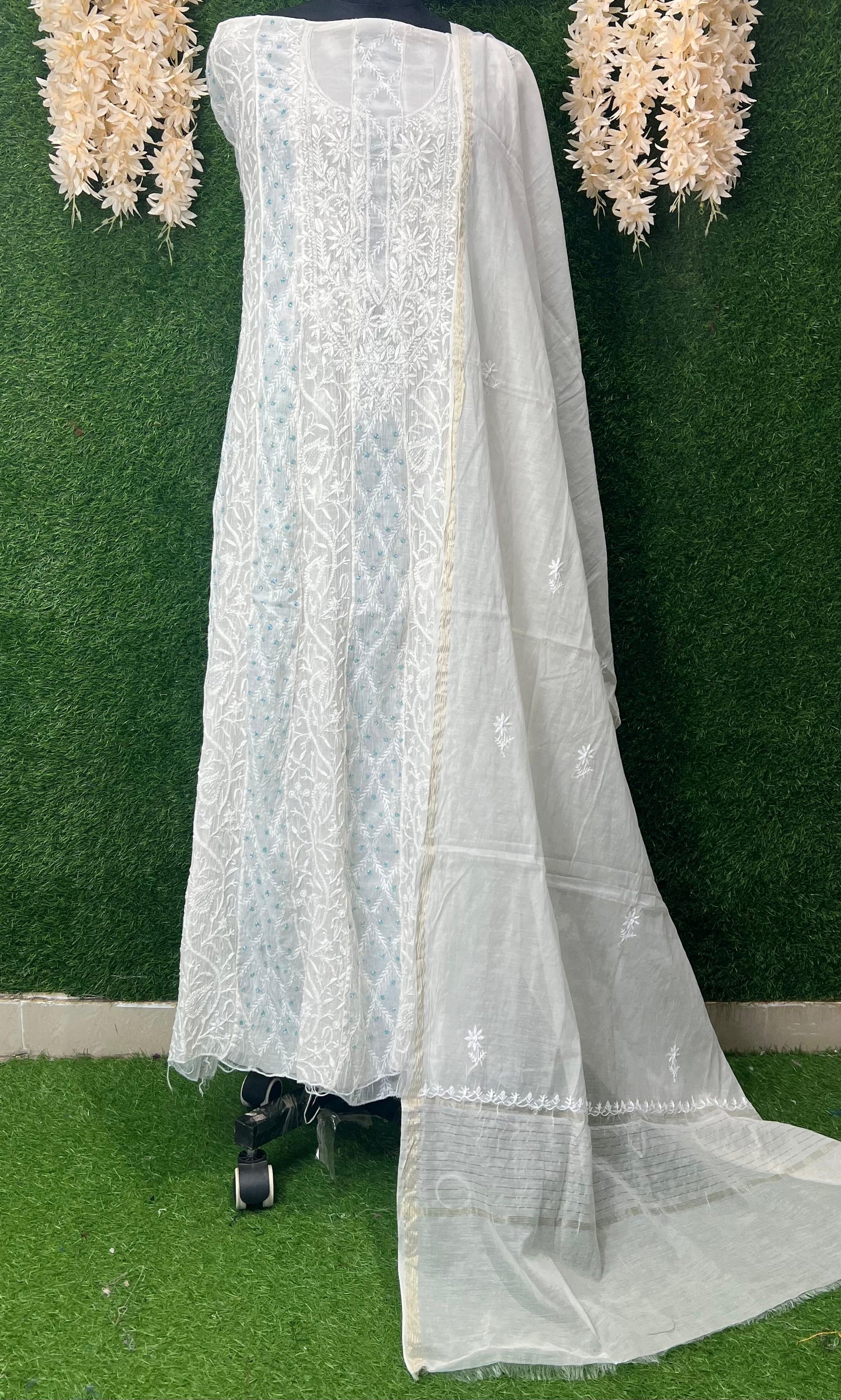 Lucknowi Chikankari Mul Chanderi Suit with Pearl & Cutdana Handwork (2-Piece Set)
