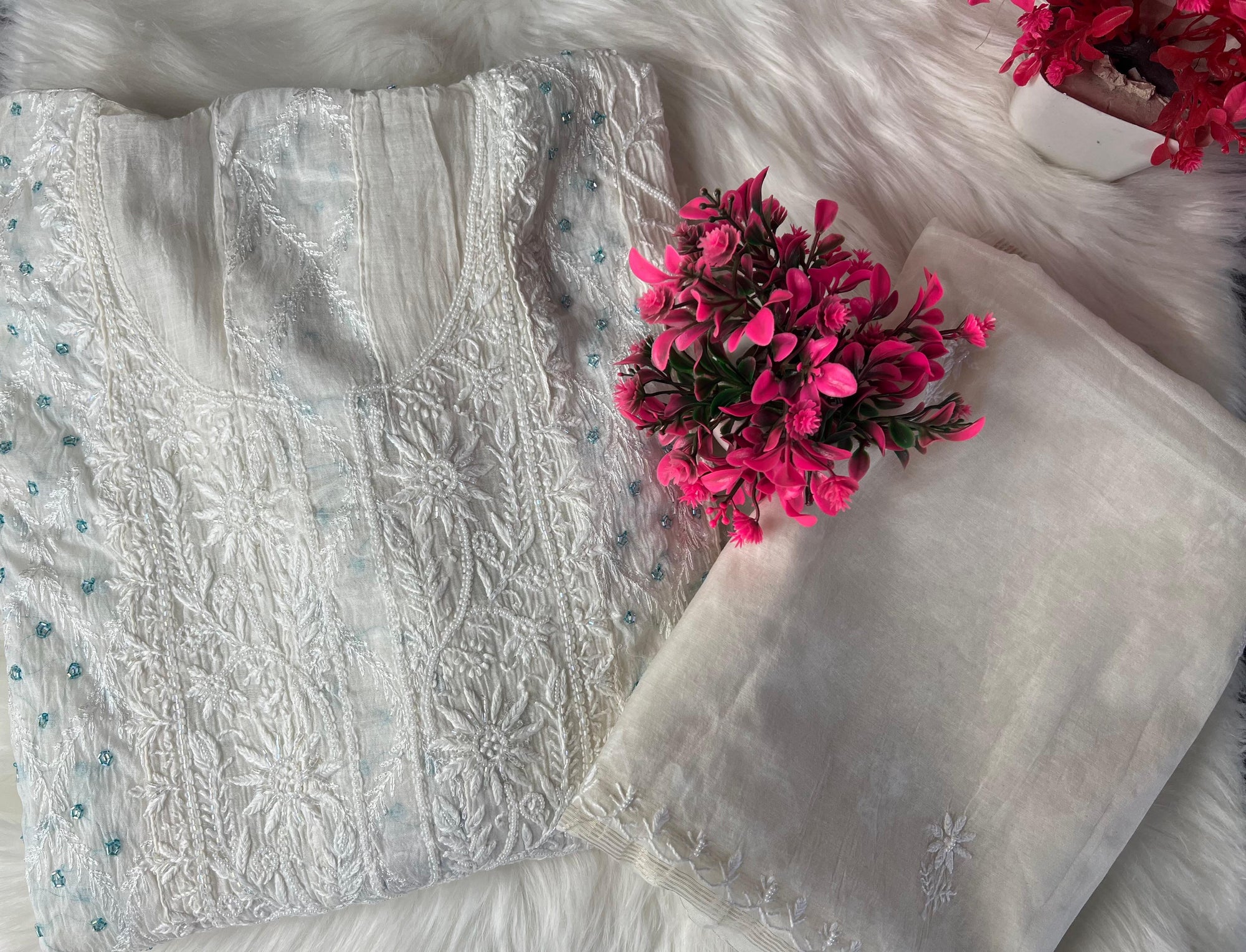 Lucknowi Chikankari Mul Chanderi Suit with Pearl & Cutdana Handwork (2-Piece Set)