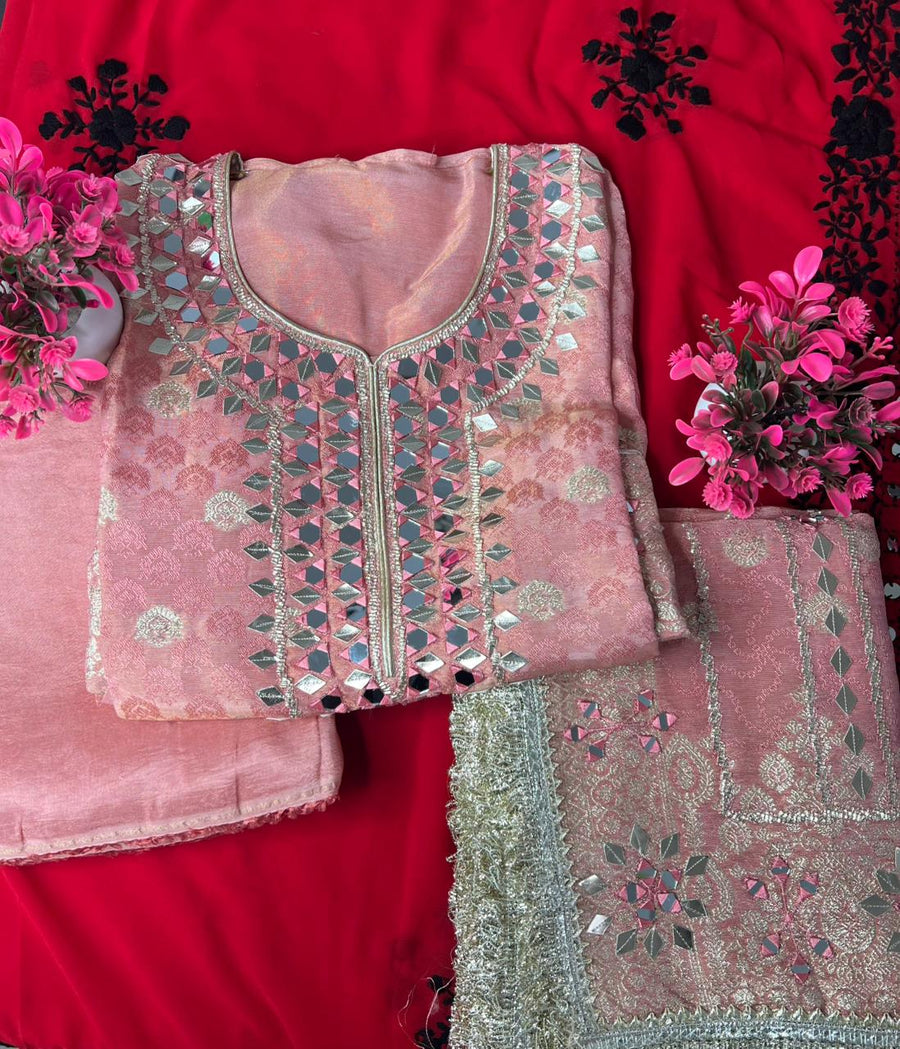 Banarasi Unstitched Suit with Real Mirror & Gota Patti Work