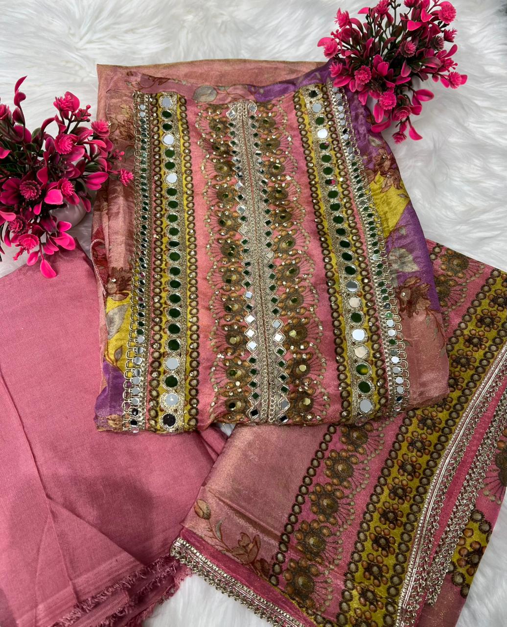 Tissue Shimmer Suit Set with Real Mirror Neckline & Lace-Trimmed Dupatta
