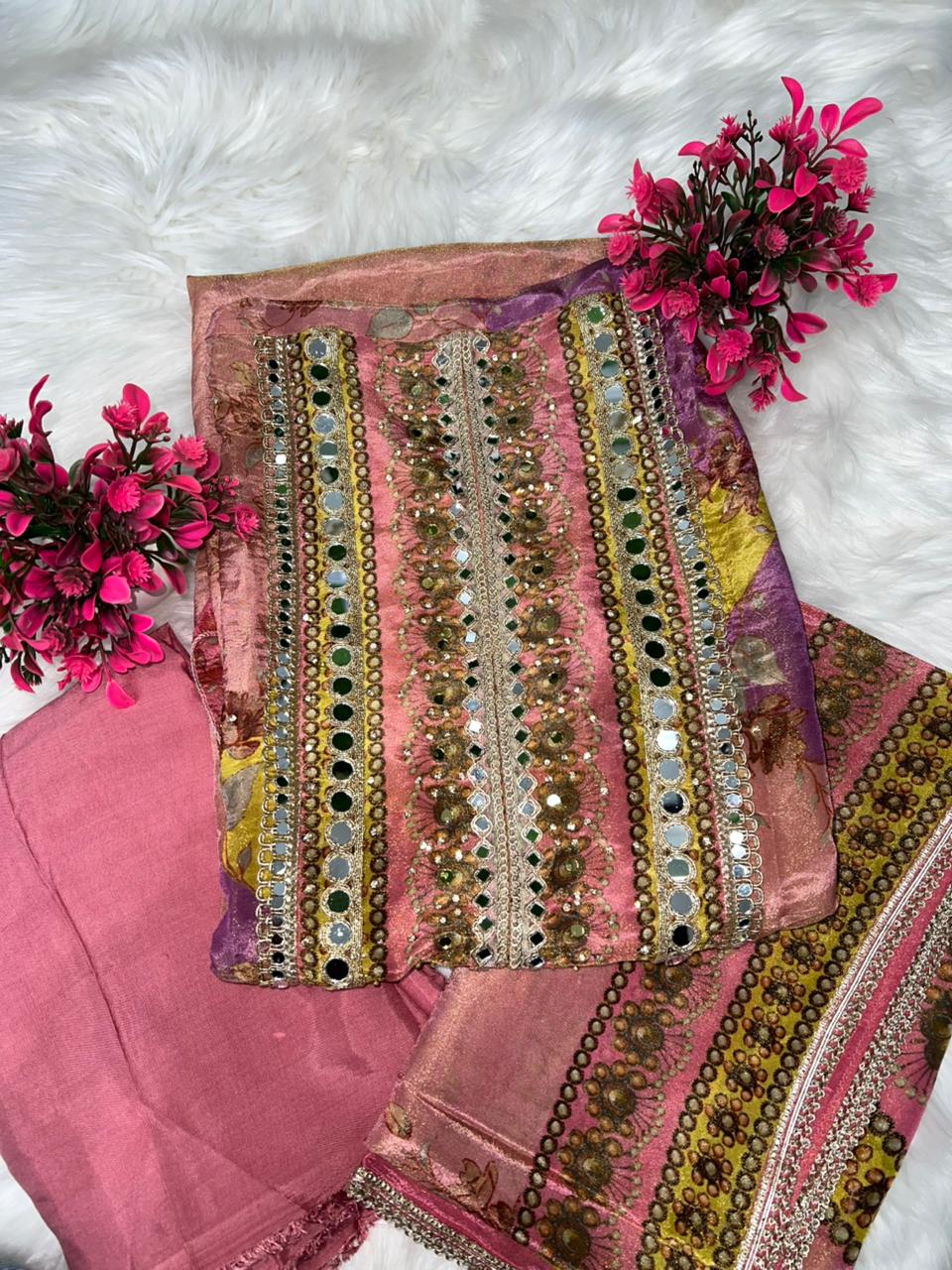 Tissue Shimmer Suit Set with Real Mirror Neckline & Lace-Trimmed Dupatta