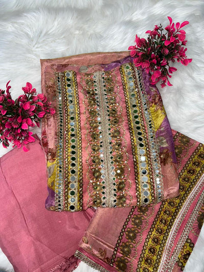 Tissue Shimmer Suit Set with Real Mirror Neckline & Lace-Trimmed Dupatta