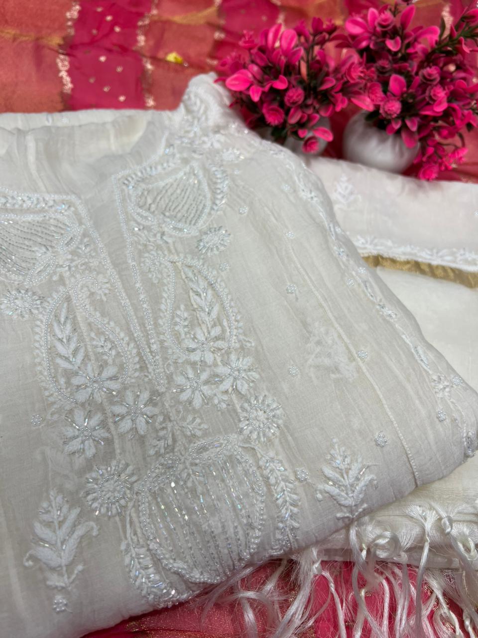 Mul Chanderi A-Line Anarkali with Dupatta featuring Pearl & Cutdana Work