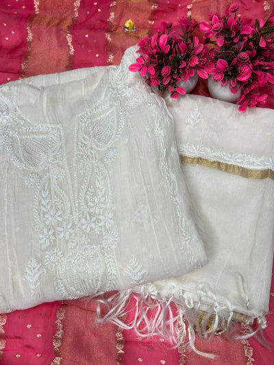 Mul Chanderi A-Line Anarkali with Dupatta featuring Pearl & Cutdana Work