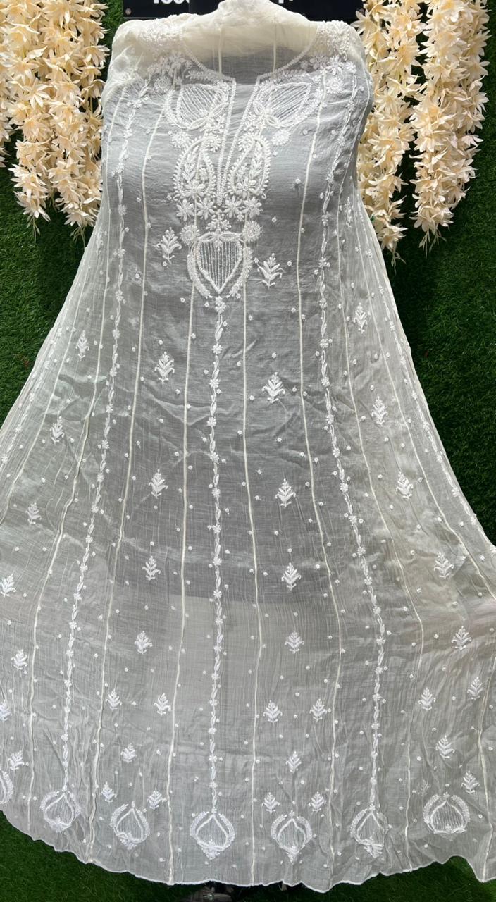 Mul Chanderi A-Line Anarkali with Dupatta featuring Pearl & Cutdana Work