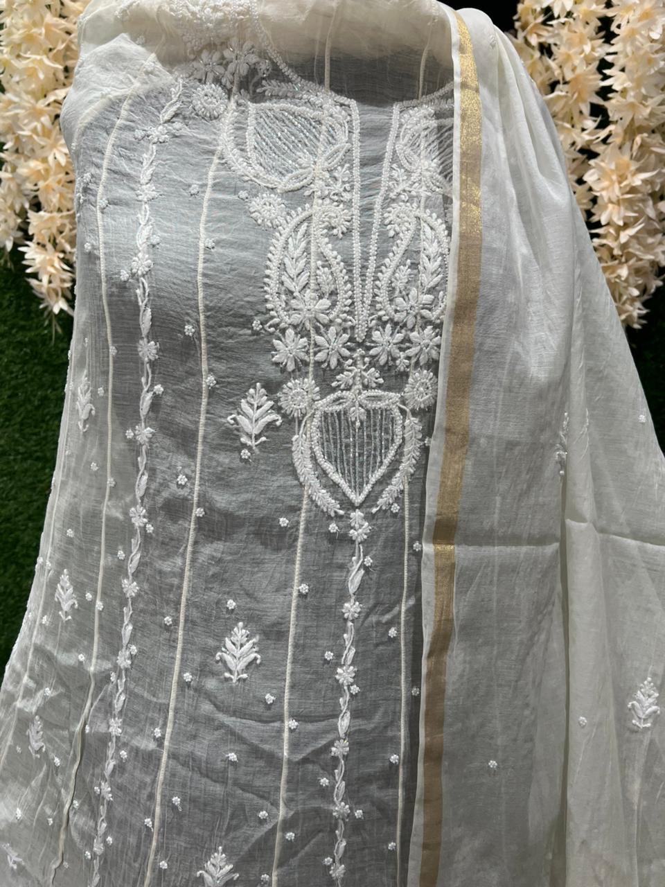 Mul Chanderi A-Line Anarkali with Dupatta featuring Pearl & Cutdana Work