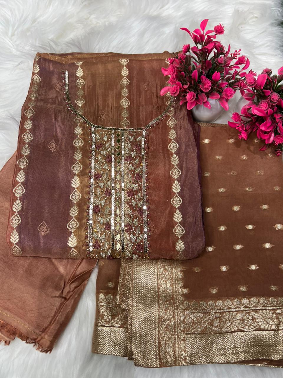 Banarasi Tissue Suit Set with Intricate Zardozi Handwork