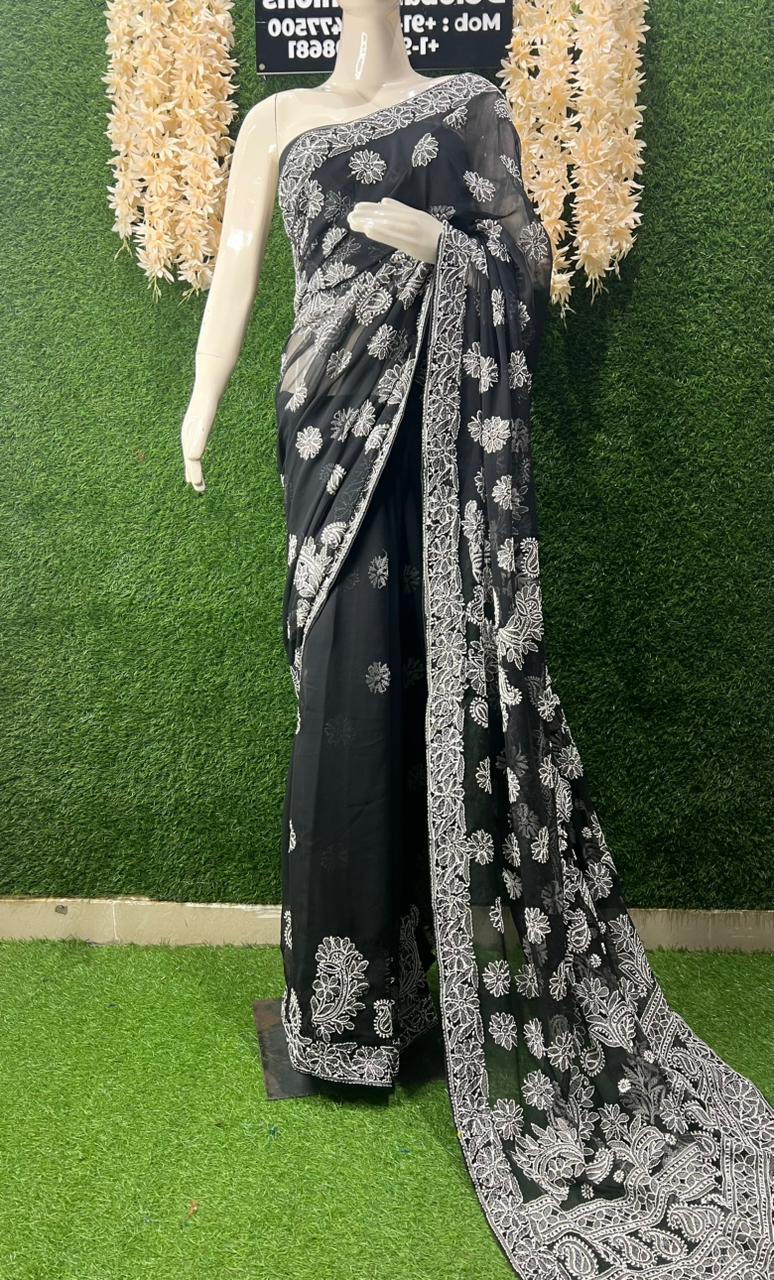 Lucknowi Chikankari Half Jaal Saree with Handwork