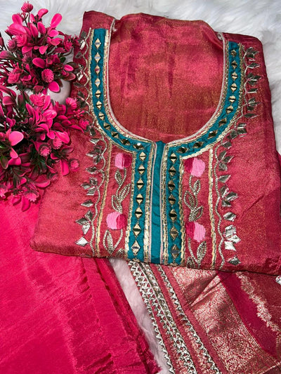 Tissue Shimmer Suit Set with Gota Patti, Real Mirror Work & Banarasi Dupatta