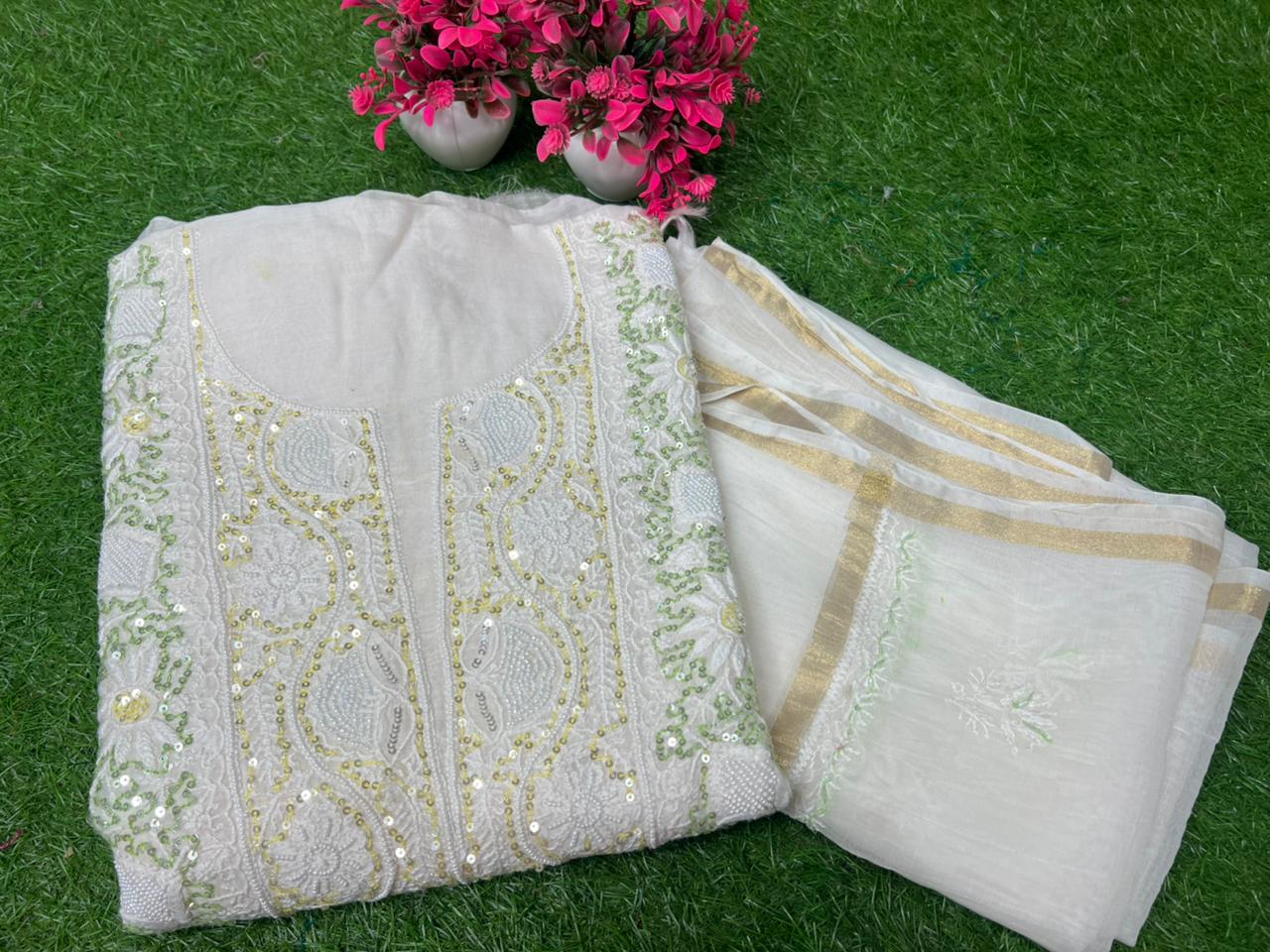 Lucknowi Chikankari Kurta Dupatta Set in Mul Chanderi – All-Over Sequin Handwork (Unstitched)