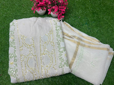 Lucknowi Chikankari Kurta Dupatta Set in Mul Chanderi – All-Over Sequin Handwork (Unstitched)