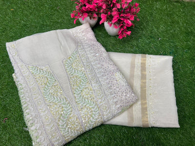Lucknowi Chikankari Kurta Dupatta Set in Mul Chanderi – All-Over Sequin Handwork (Unstitched)