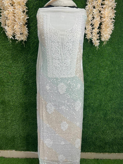 Lucknowi Chikankari Kurta Dupatta Set in Mul Chanderi – All-Over Sequin Handwork (Unstitched)