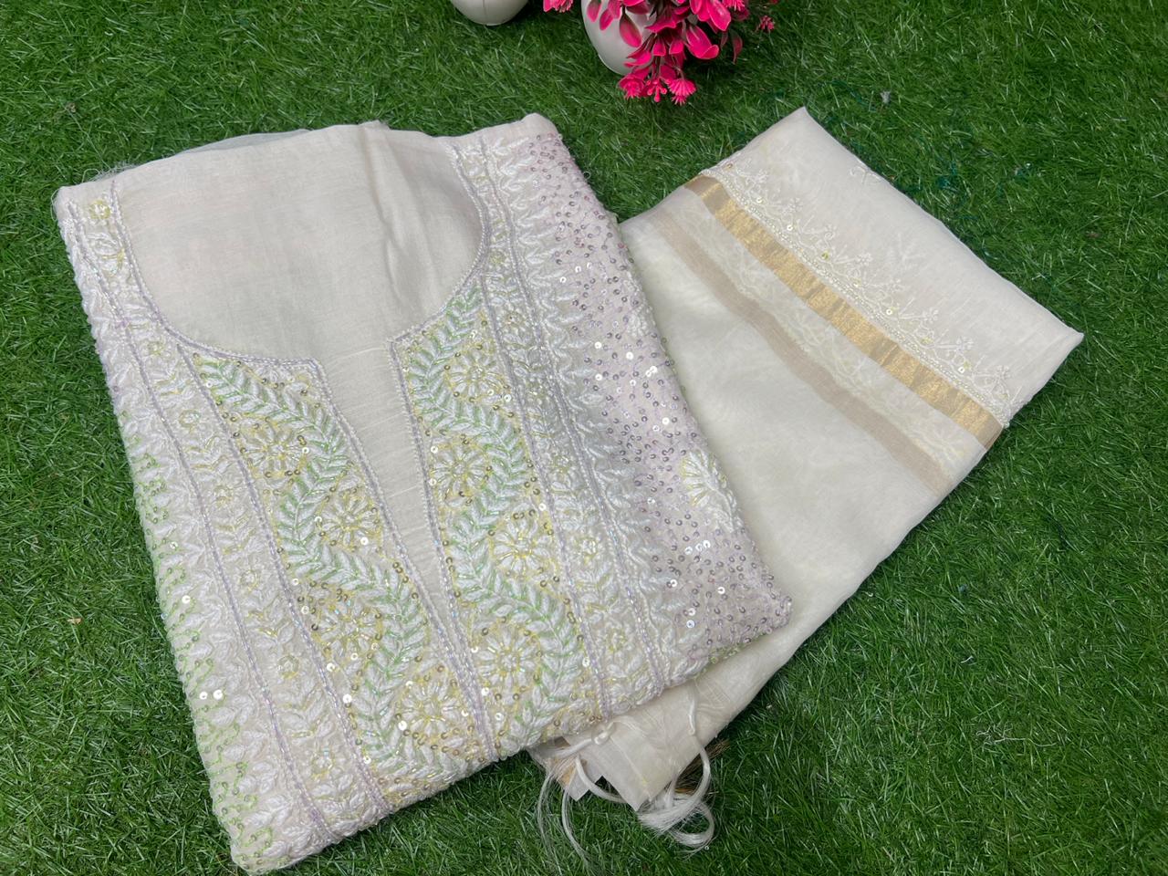Lucknowi Chikankari Kurta Dupatta Set in Mul Chanderi – All-Over Sequin Handwork (Unstitched)