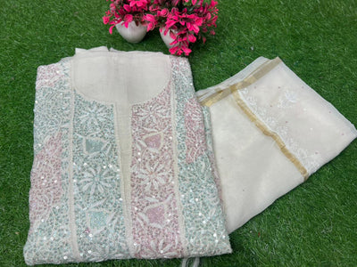 Lucknowi Chikankari Kurta Dupatta Set in Mul Chanderi – All-Over Sequin Handwork (Unstitched)