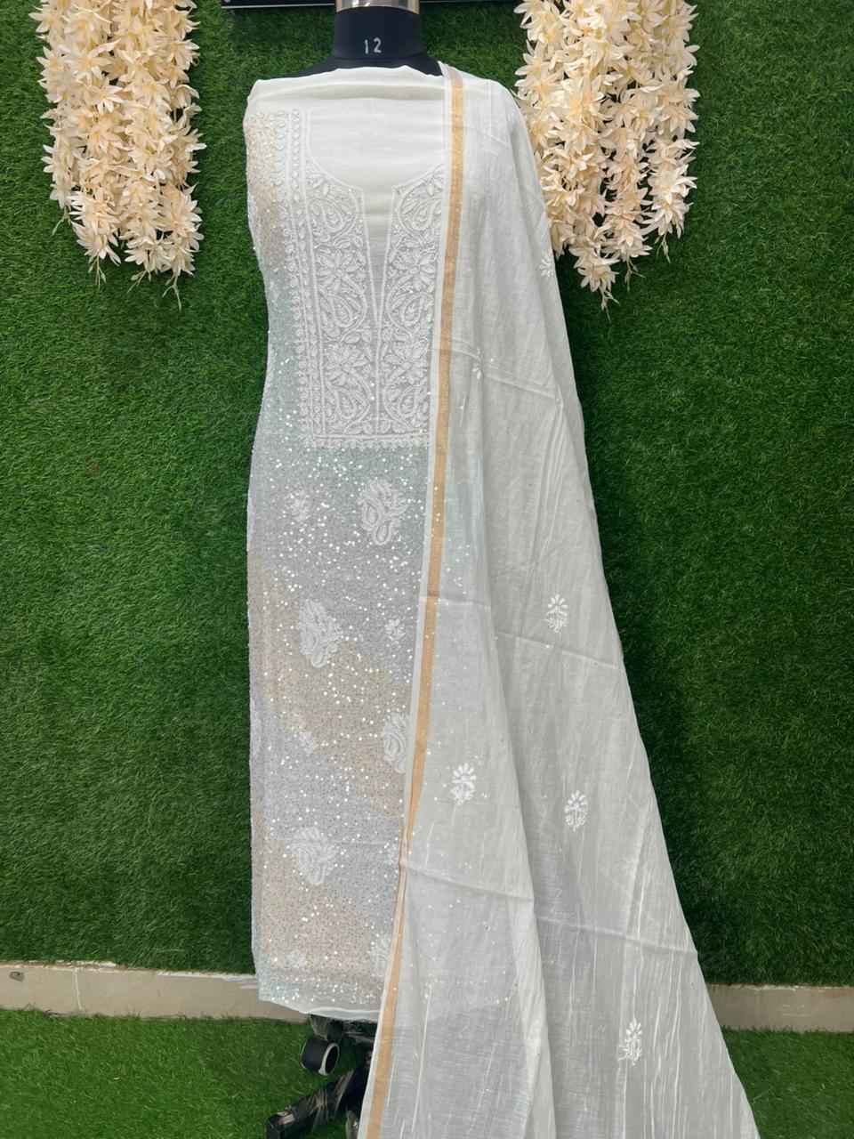 Lucknowi Chikankari Kurta Dupatta Set in Mul Chanderi – All-Over Sequin Handwork (Unstitched)