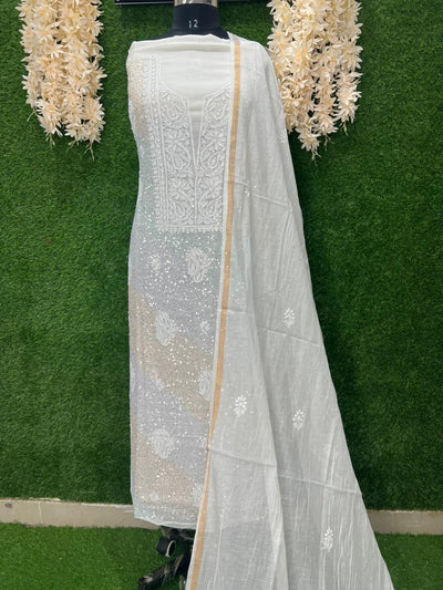 Lucknowi Chikankari Kurta Dupatta Set in Mul Chanderi – All-Over Sequin Handwork (Unstitched)